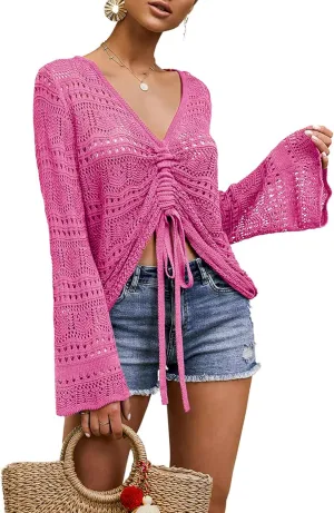Spicy Sandia Women's Crochet Tops Tie Front Summer Sweater Bell Sleeve Boho Tops Beach Vacation Outfit Swimsuit Cover Up