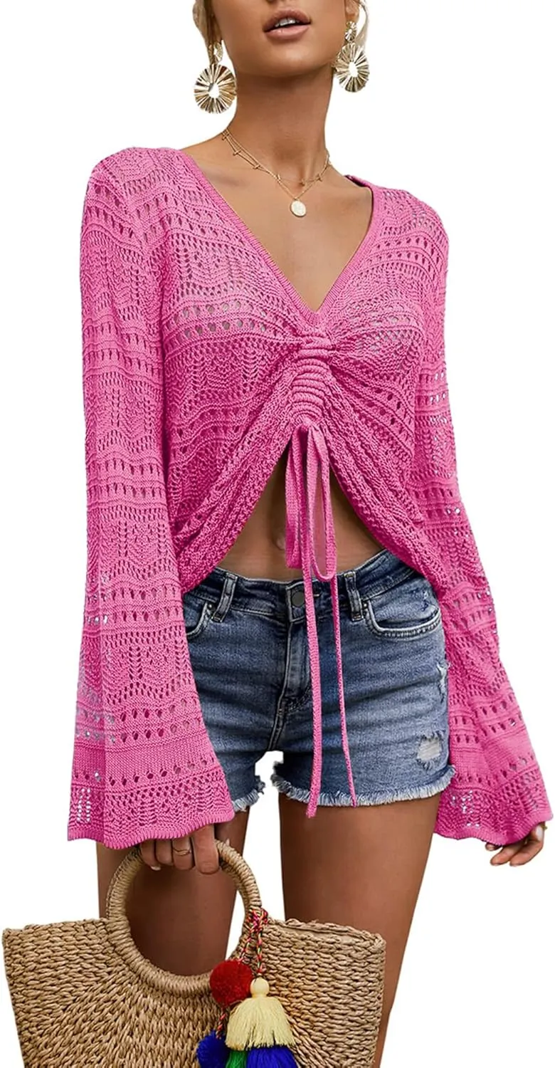 Spicy Sandia Women's Crochet Tops Tie Front Summer Sweater Bell Sleeve Boho Tops Beach Vacation Outfit Swimsuit Cover Up
