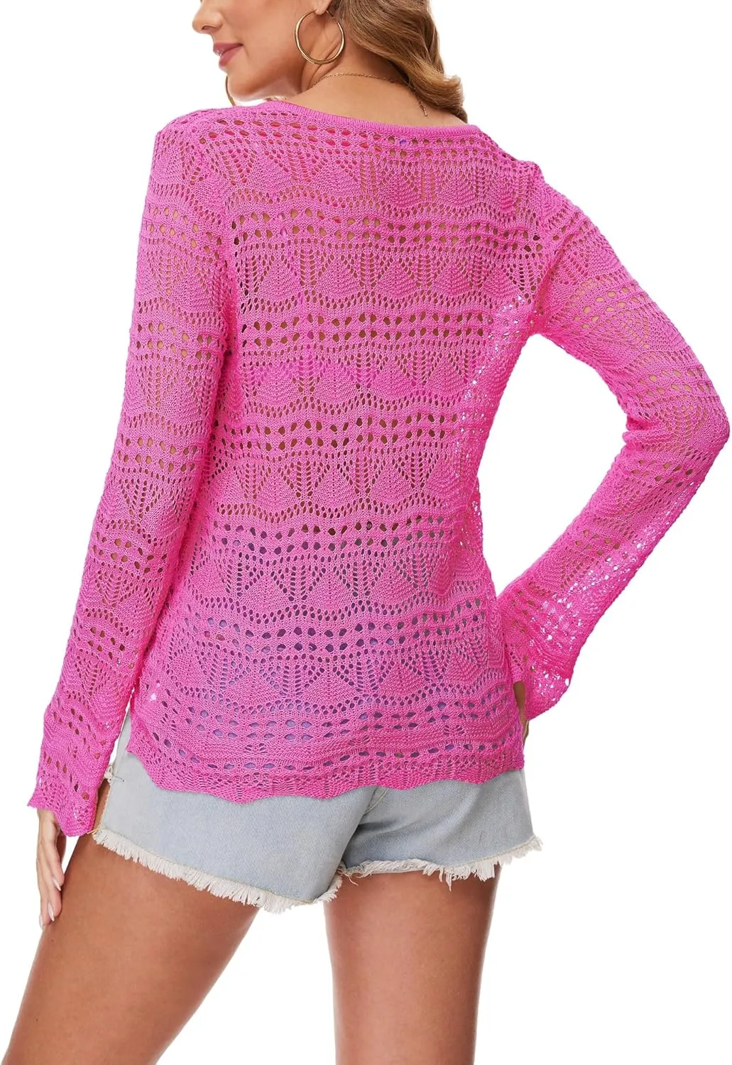 Spicy Sandia Women's Crochet Tops Tie Front Summer Sweater Bell Sleeve Boho Tops Beach Vacation Outfit Swimsuit Cover Up