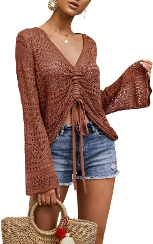 Spicy Sandia Women's Crochet Tops Tie Front Summer Sweater Bell Sleeve Boho Tops Beach Vacation Outfit Swimsuit Cover Up