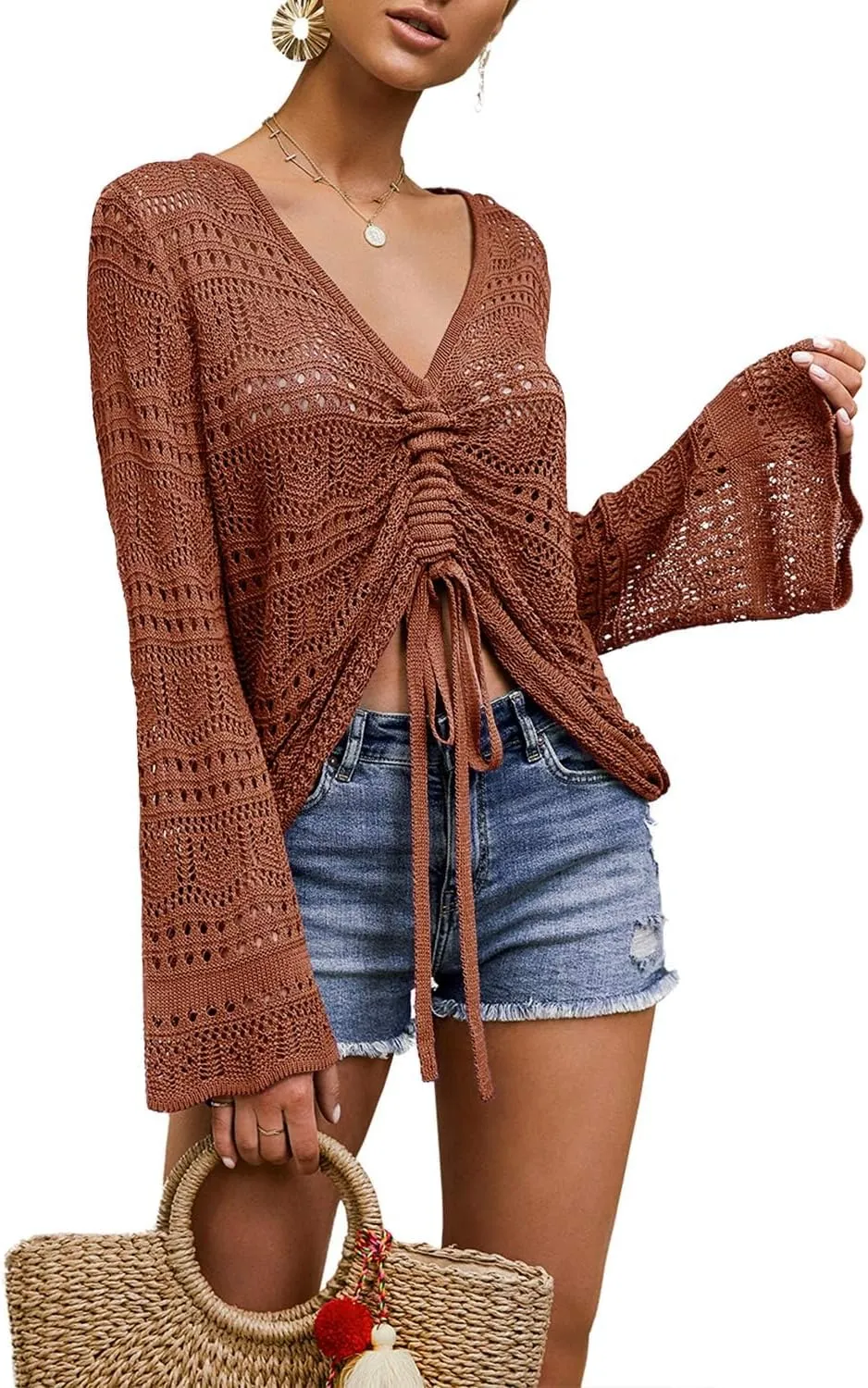 Spicy Sandia Women's Crochet Tops Tie Front Summer Sweater Bell Sleeve Boho Tops Beach Vacation Outfit Swimsuit Cover Up