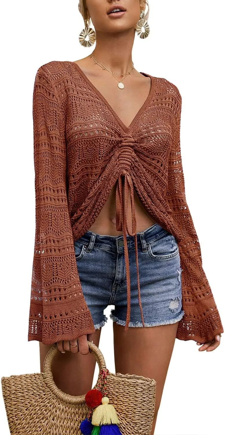 Spicy Sandia Women's Crochet Tops Tie Front Summer Sweater Bell Sleeve Boho Tops Beach Vacation Outfit Swimsuit Cover Up