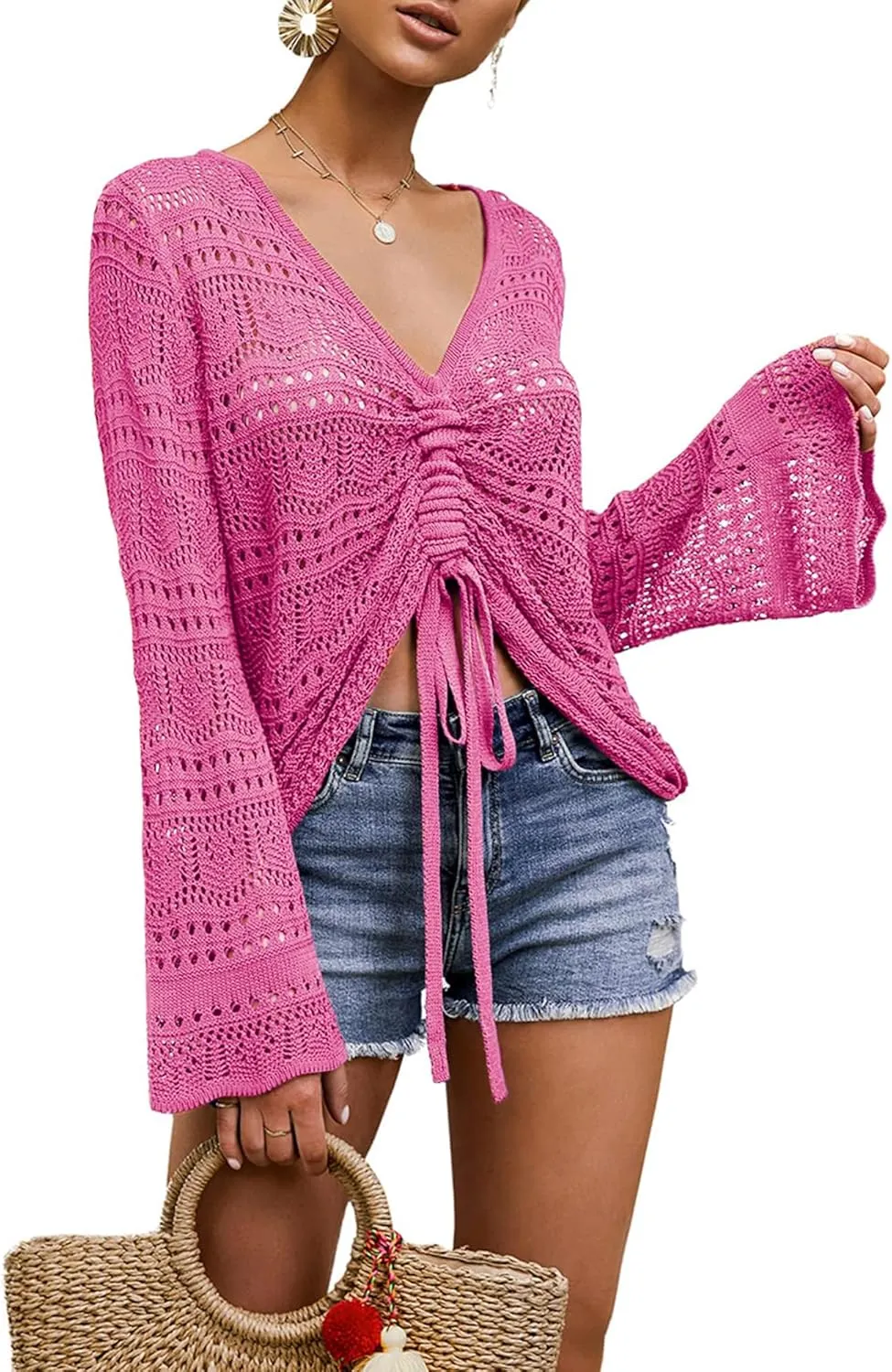 Spicy Sandia Women's Crochet Tops Tie Front Summer Sweater Bell Sleeve Boho Tops Beach Vacation Outfit Swimsuit Cover Up