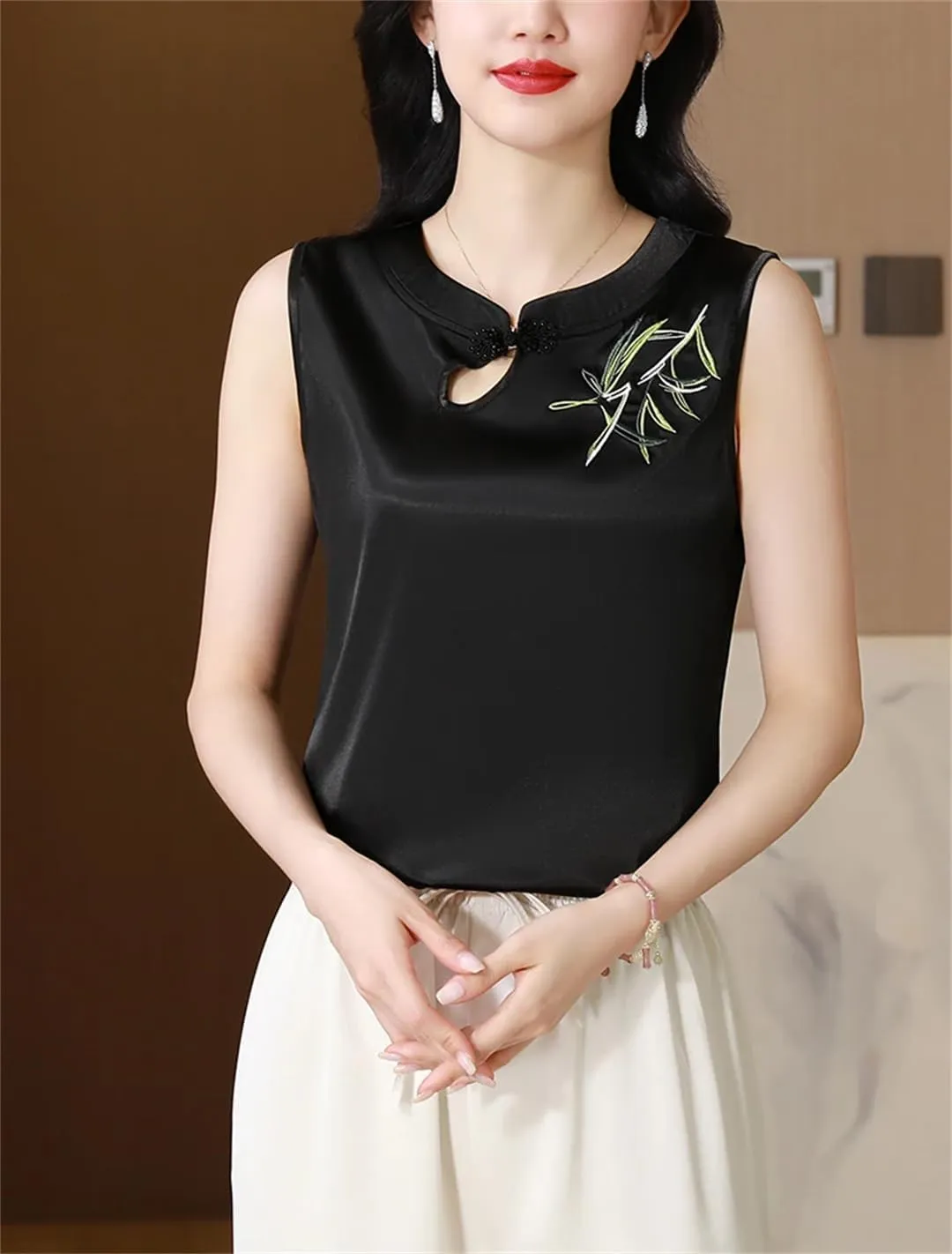 Spring Summer Tank Tops Women Satin Camisole Slim Fit Sleeveless Retro Embroidered Vest Shirt