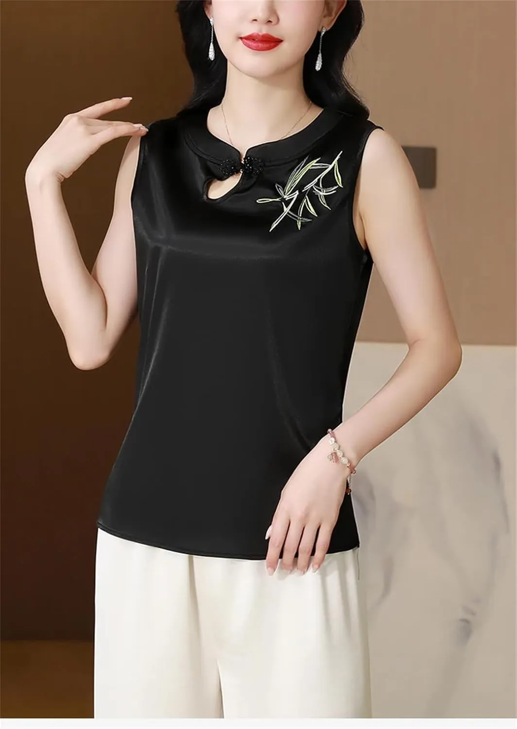 Spring Summer Tank Tops Women Satin Camisole Slim Fit Sleeveless Retro Embroidered Vest Shirt
