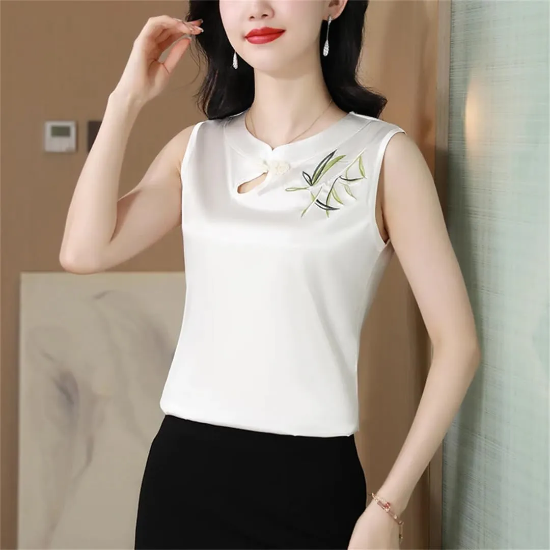 Spring Summer Tank Tops Women Satin Camisole Slim Fit Sleeveless Retro Embroidered Vest Shirt