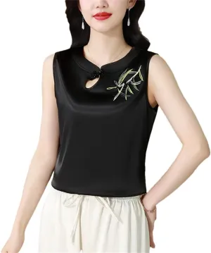 Spring Summer Tank Tops Women Satin Camisole Slim Fit Sleeveless Retro Embroidered Vest Shirt