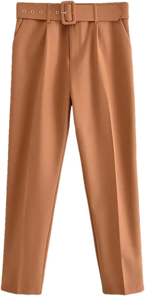 Spring Women Straight Harem Pants Belt Casual Ankle Length Elegant Pleated Trousers