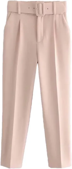 Spring Women Straight Harem Pants Belt Casual Ankle Length Elegant Pleated Trousers