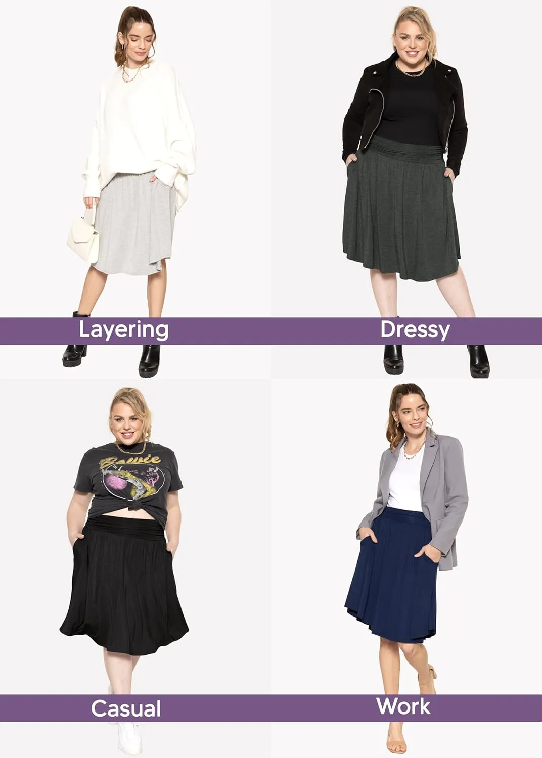 STRETCH IS COMFORT Women's and Plus Size Scoop Hem Flare Mid Length Skirt with Pockets | S-5X