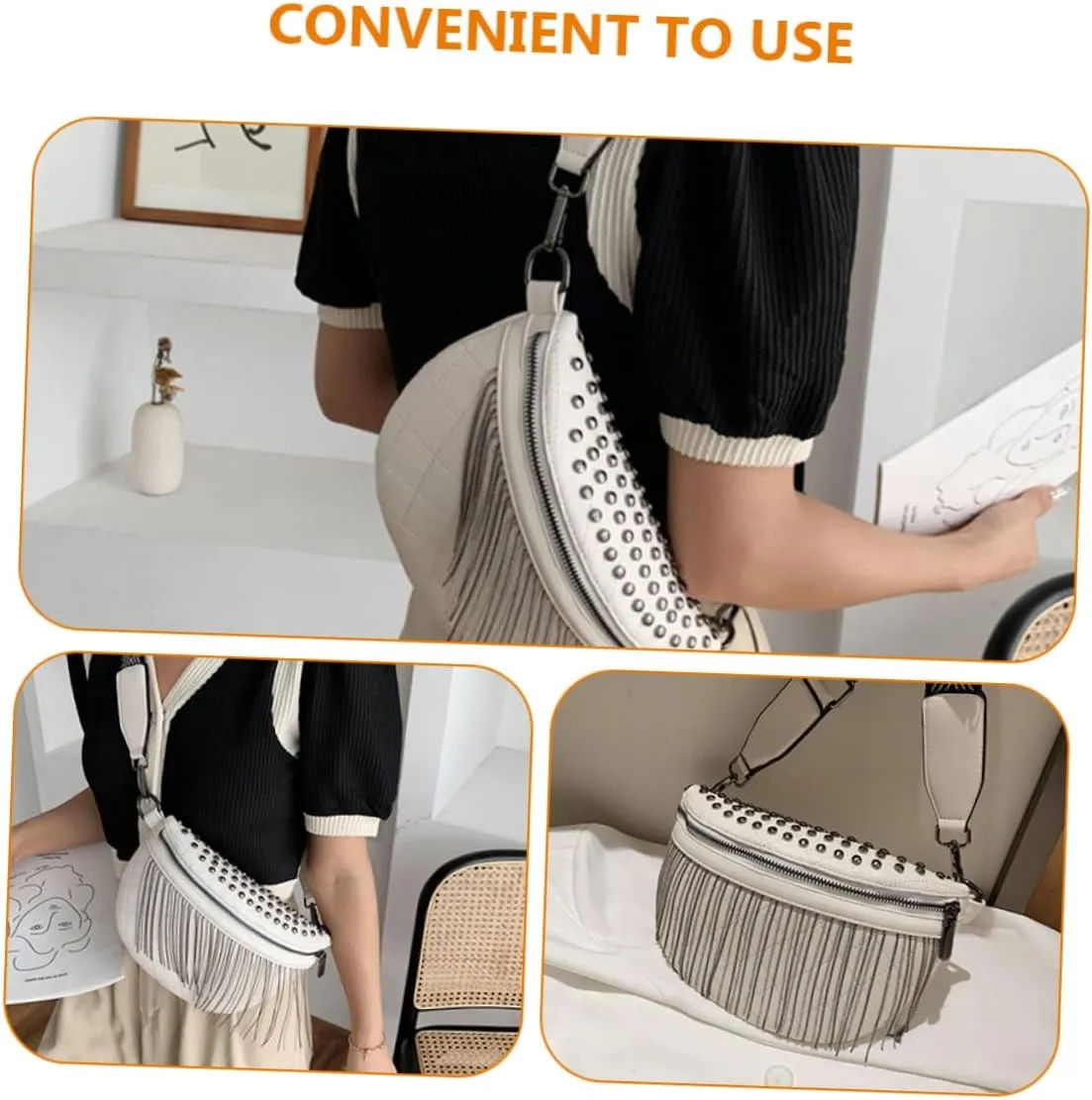 Stylish Rivet Fanny Pack for Women Versatile Chest Bag with Tassel Detail for Shopping Travel and Everyday Use Organizes Cards Cash and Essentials