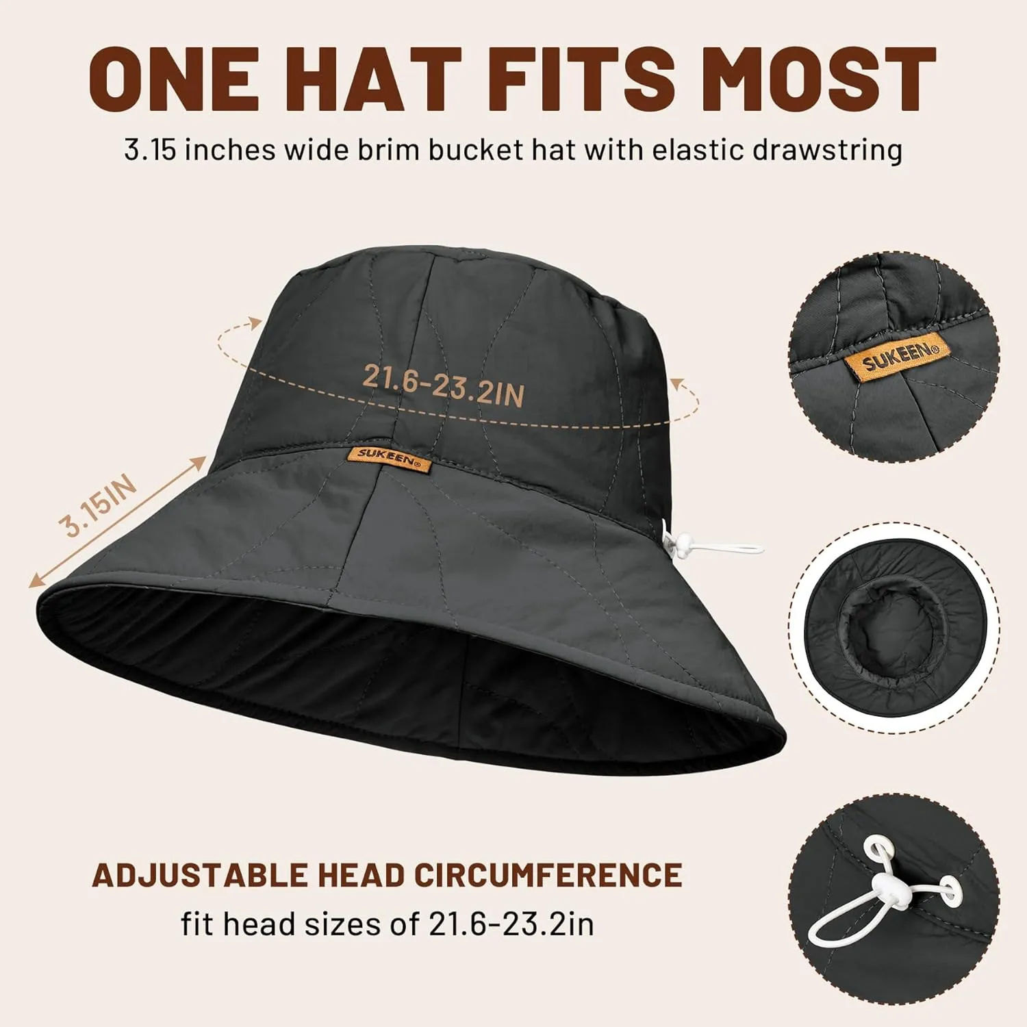 Sukeen Winter Bucket Hat Women Men Lightweight Cotton Filled Warm Hat Waterproof Adjustable Fisherman Hat for Hiking, Travel