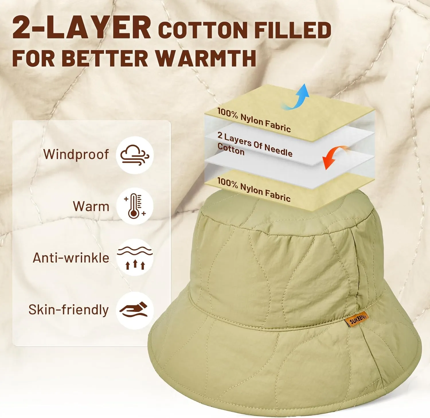 Sukeen Winter Bucket Hat Women Men Lightweight Cotton Filled Warm Hat Waterproof Adjustable Fisherman Hat for Hiking, Travel