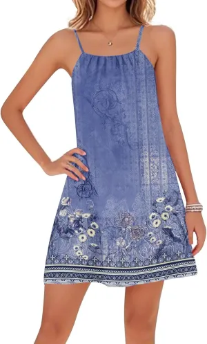 Summer Dress for Women Adjustable Spaghetti Straps Beach Cover Up Dress Sleeveless Mini Sundress with Ruffle Hem