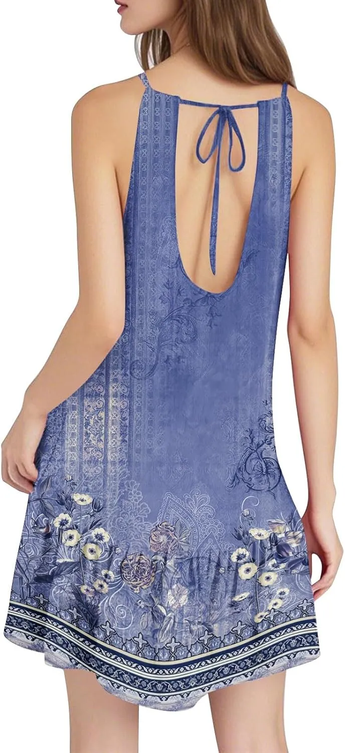 Summer Dress for Women Adjustable Spaghetti Straps Beach Cover Up Dress Sleeveless Mini Sundress with Ruffle Hem