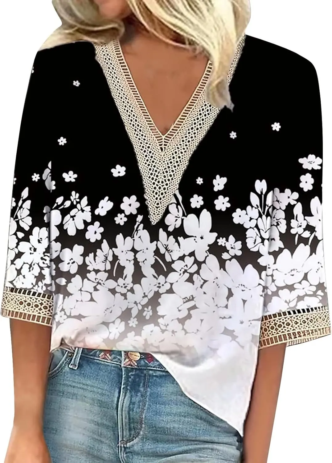 Summer Women's Shirt 3/4 Sleeve lace Shirt V-Neck top Casual Loose Shirt Vintage Texture Printed top T-Shirt T-Shirt