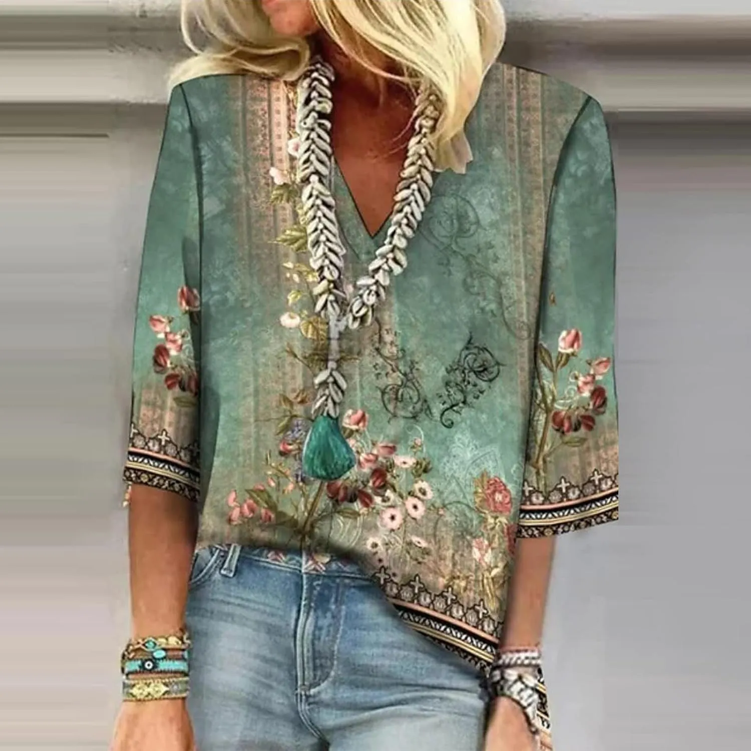 Summer Women's Shirt 3/4 Sleeve lace Shirt V-Neck top Casual Loose Shirt Vintage Texture Printed top T-Shirt T-Shirt
