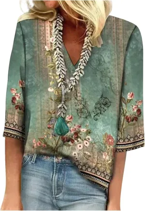 Summer Women's Shirt 3/4 Sleeve lace Shirt V-Neck top Casual Loose Shirt Vintage Texture Printed top T-Shirt T-Shirt