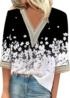 Summer Women's Shirt 3/4 Sleeve lace Shirt V-Neck top Casual Loose Shirt Vintage Texture Printed top T-Shirt T-Shirt