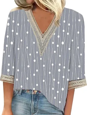 Summer Women's Shirt 3/4 Sleeve lace Shirt V-Neck top Casual Loose Shirt Vintage Texture Printed top T-Shirt T-Shirt