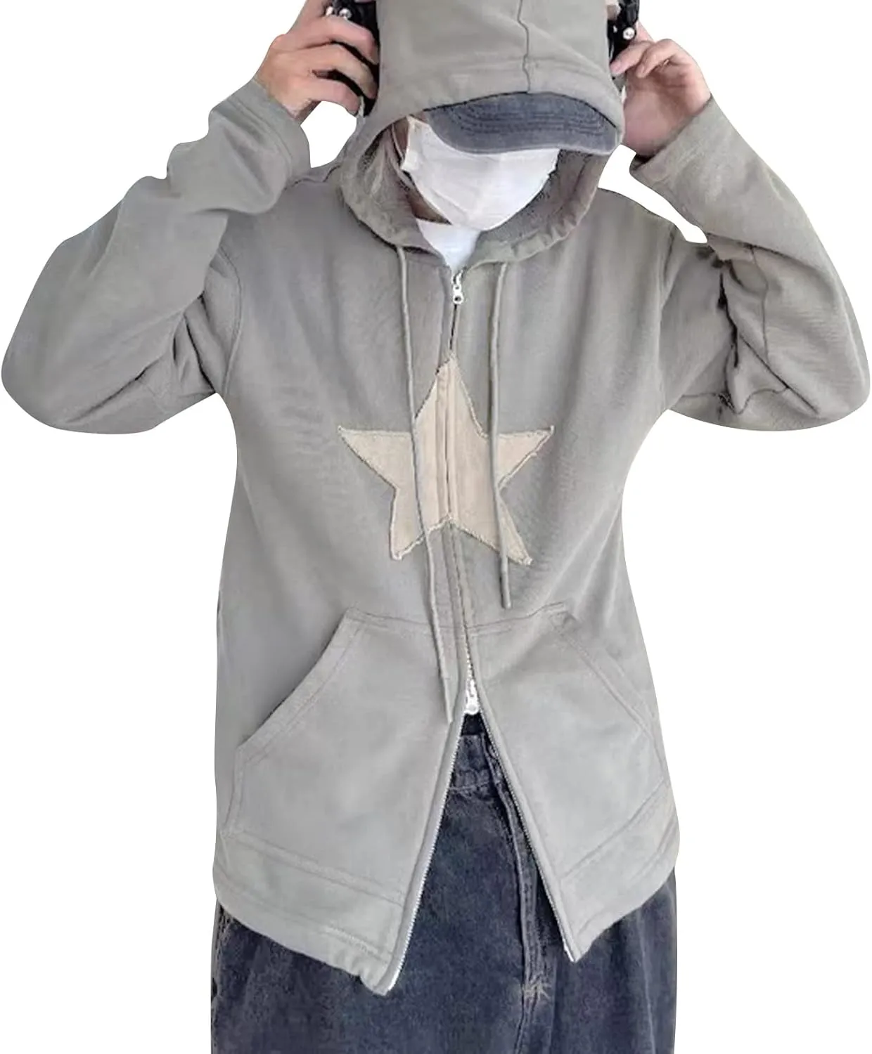 Sunwittafy Women's Y2k Zip Up Hoodie Star Print Hooded Sweatshirt Oversized Long Sleeve Jacket Harajuku Casual Streetwear
