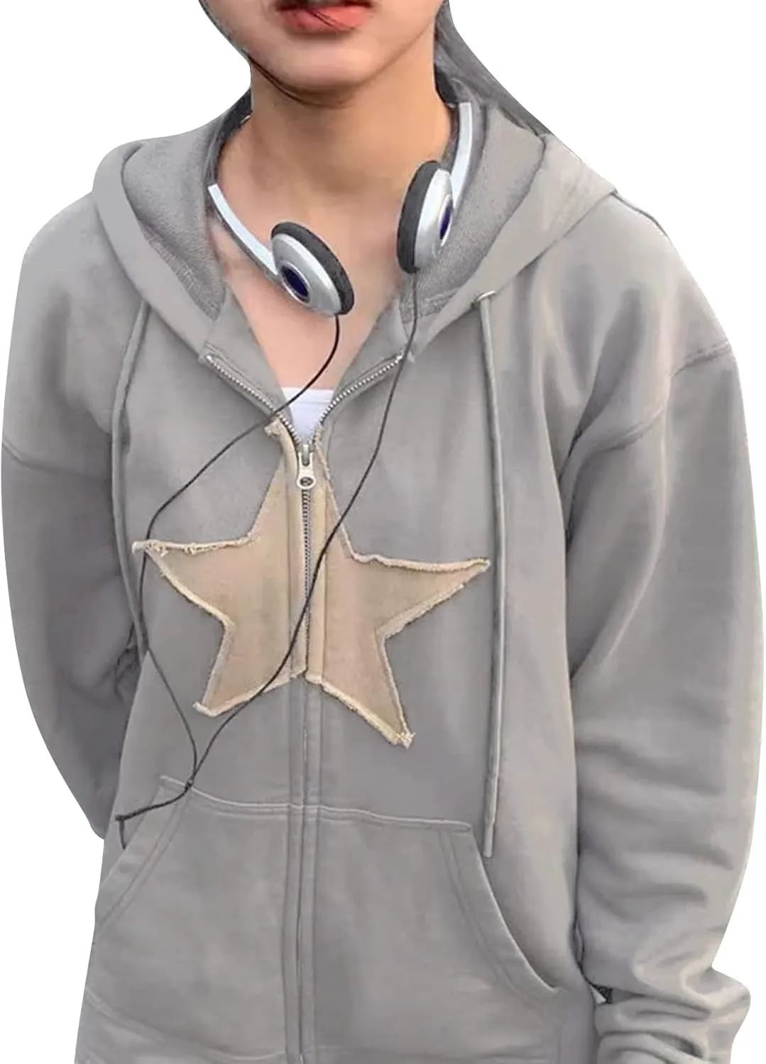 Sunwittafy Women's Y2k Zip Up Hoodie Star Print Hooded Sweatshirt Oversized Long Sleeve Jacket Harajuku Casual Streetwear