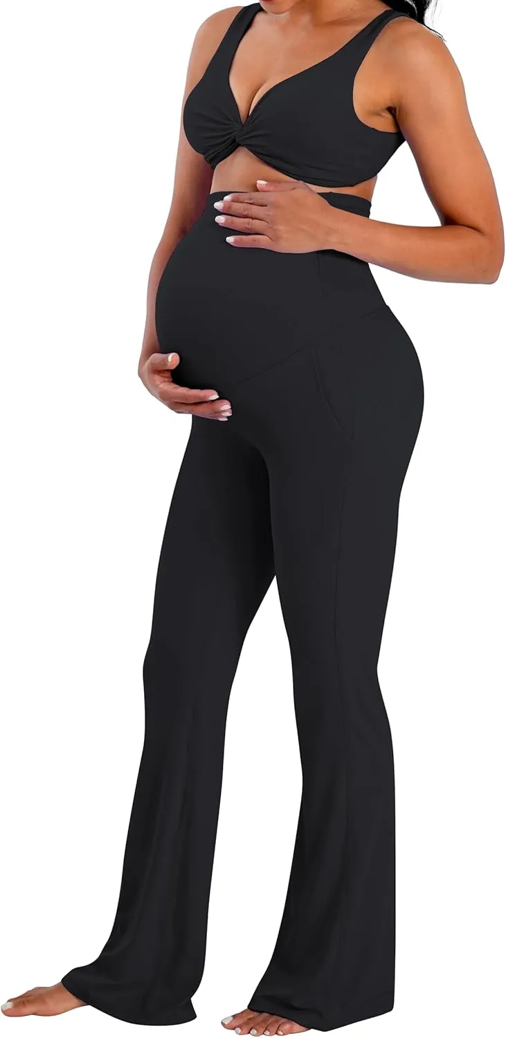 Sunzel Maternity Flare Leggings with Pockets Over The Belly, Buttery Soft Pregnancy Wide Leg Yoga Pants