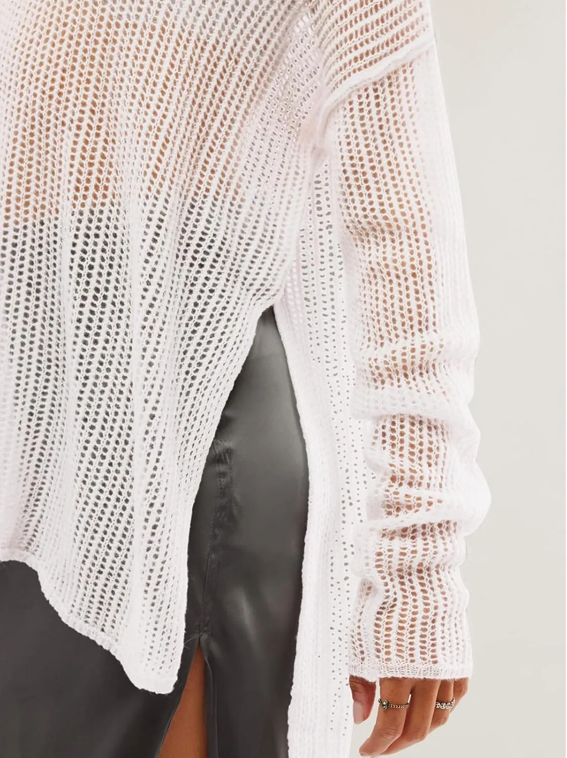 SuperPrity Womens Tops Long Sleeve Crochet Knit Top 2024 Hollow Out Side Split Swimsuit Cover Up Beach Vacation Outfit