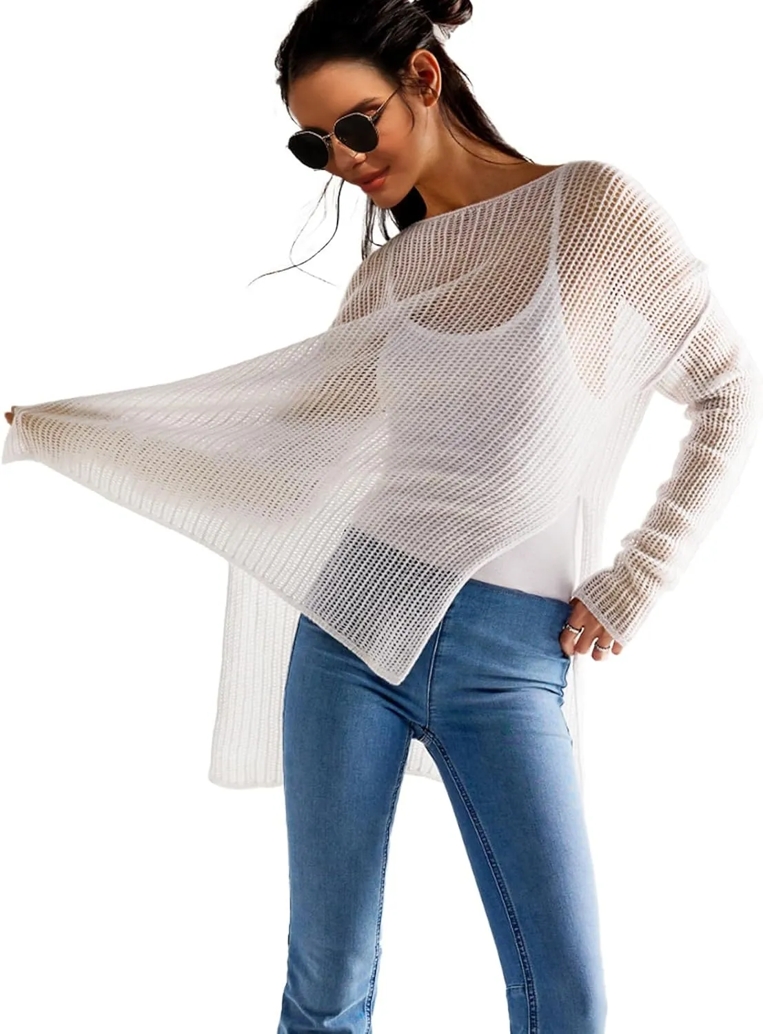 SuperPrity Womens Tops Long Sleeve Crochet Knit Top 2024 Hollow Out Side Split Swimsuit Cover Up Beach Vacation Outfit