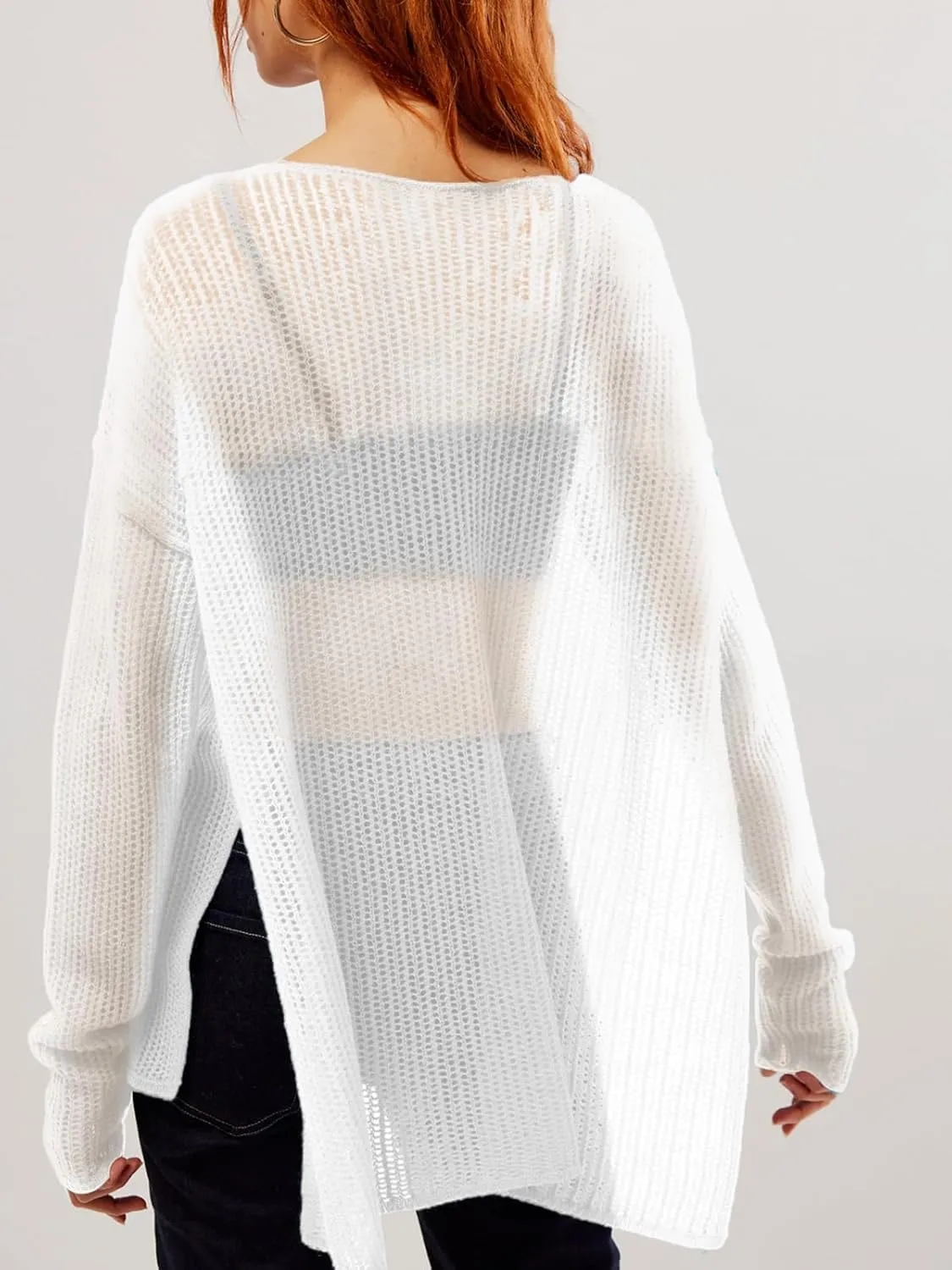 SuperPrity Womens Tops Long Sleeve Crochet Knit Top 2024 Hollow Out Side Split Swimsuit Cover Up Beach Vacation Outfit