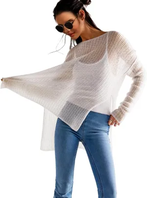 SuperPrity Womens Tops Long Sleeve Crochet Knit Top 2024 Hollow Out Side Split Swimsuit Cover Up Beach Vacation Outfit
