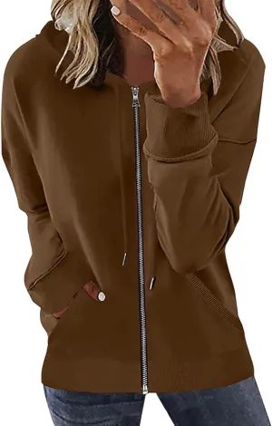 Sweatshirt for Women Fall Jacket Oversized Casual Zip Up Drawstring Hoodie w Pockets Long Sleeve Solid Outerwear Tops