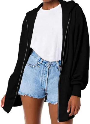 Sweatshirt for Women Fall Jacket Oversized Casual Zip Up Drawstring Hoodie w Pockets Long Sleeve Solid Outerwear Tops