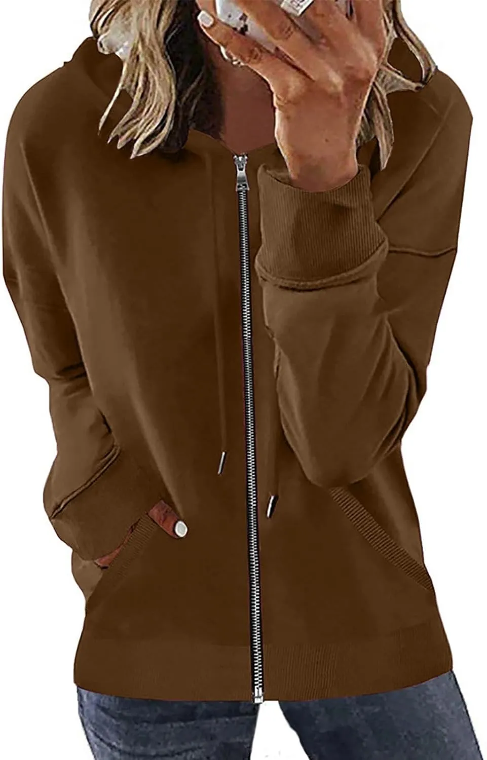 Sweatshirt for Women Fall Jacket Oversized Casual Zip Up Drawstring Hoodie w Pockets Long Sleeve Solid Outerwear Tops