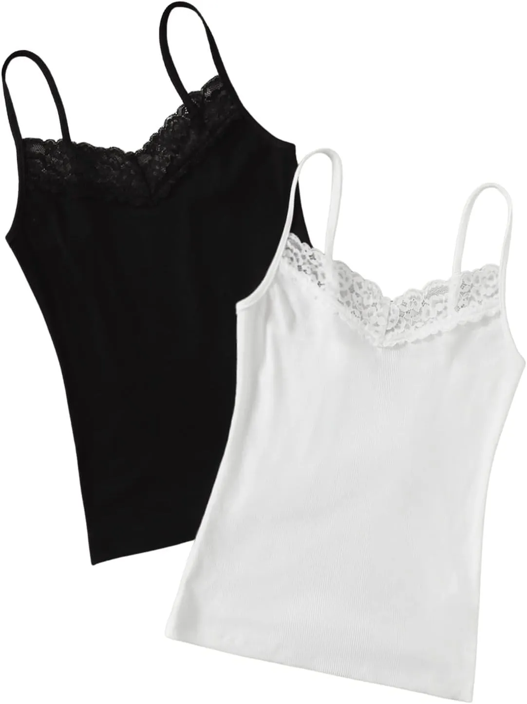 SweatyRocks Women's 2 Pack Lace Trim Tank Tops Y2K Camisole Top V Neck Cami Undershirts