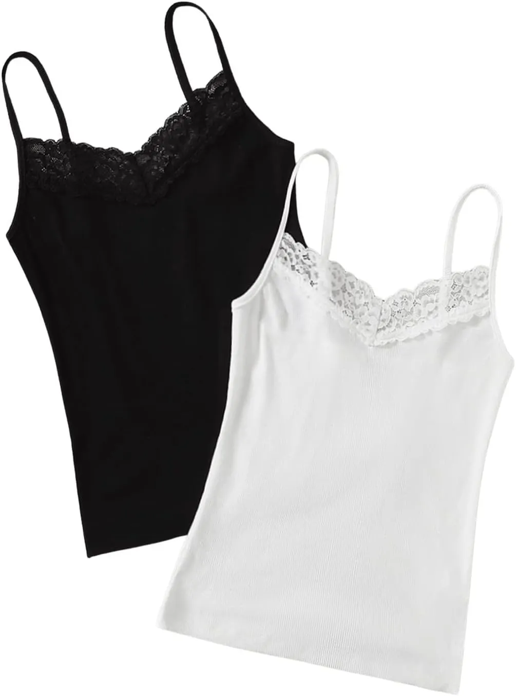 SweatyRocks Women's 2 Pack Lace Trim Tank Tops Y2K Camisole Top V Neck Cami Undershirts