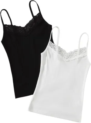 SweatyRocks Women's 2 Pack Lace Trim Tank Tops Y2K Camisole Top V Neck Cami Undershirts
