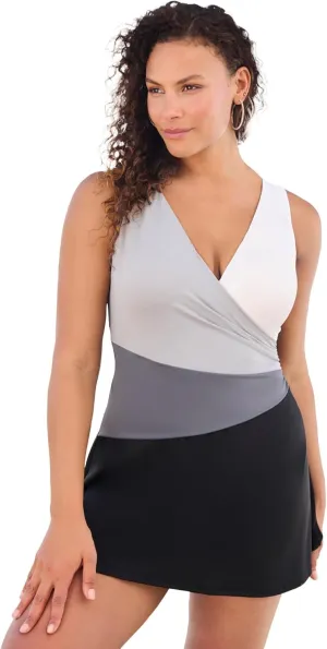 Swim 365 Women's Plus Size Colorblock Fit-and-Flare Swim Dress