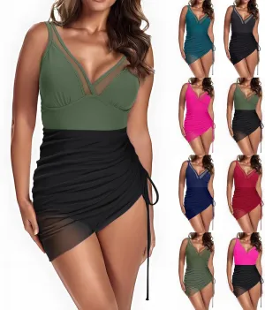 Swim Dress Women Mesh One Piece Swimsuit Tummy Control Bathing Suit Slimming Sheer Sarong Wraps Swim Suits