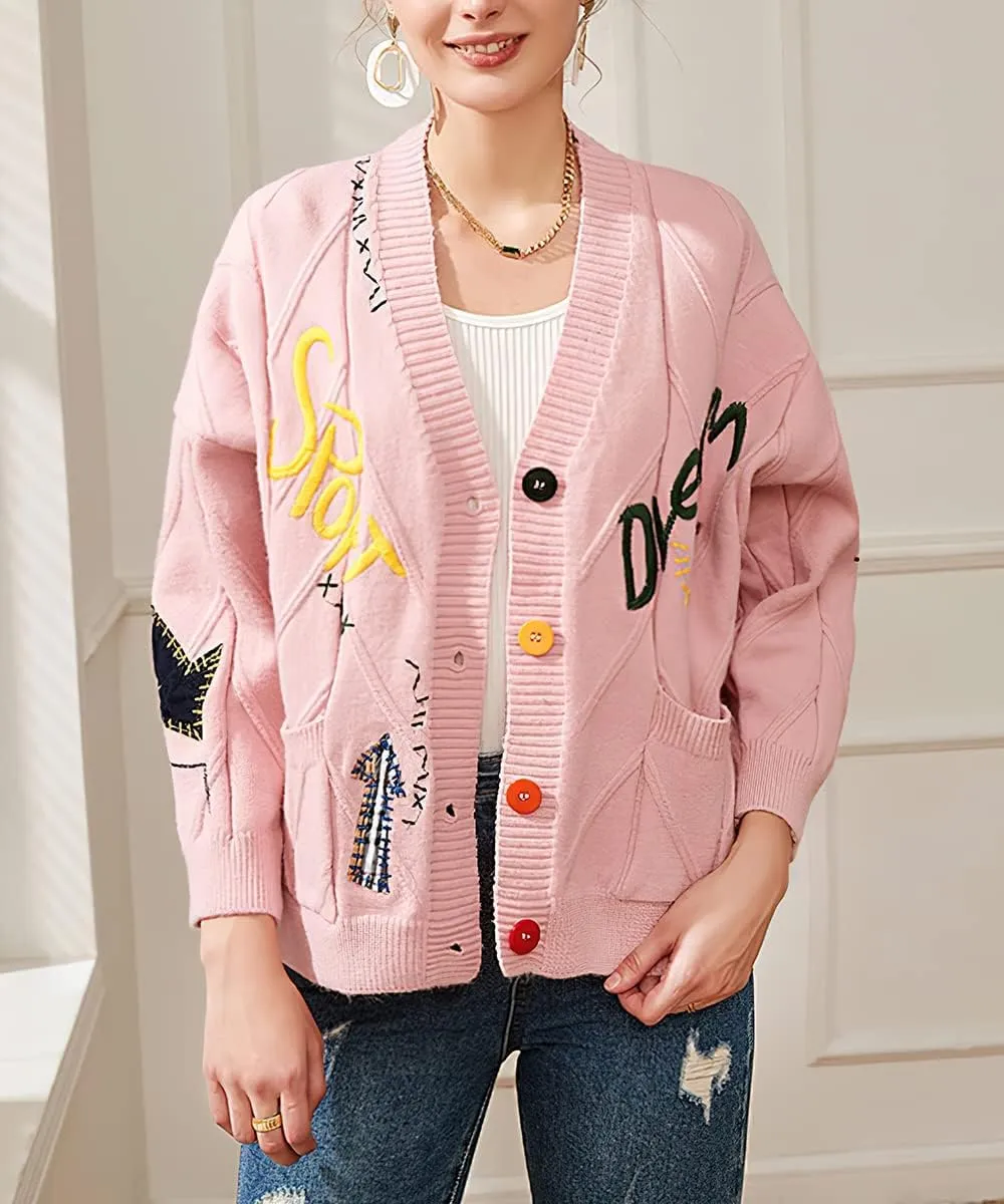 sysinside Women's Cable Knit Button Front Cardigan Cute Embroidered Pocketed Sweater Outwear