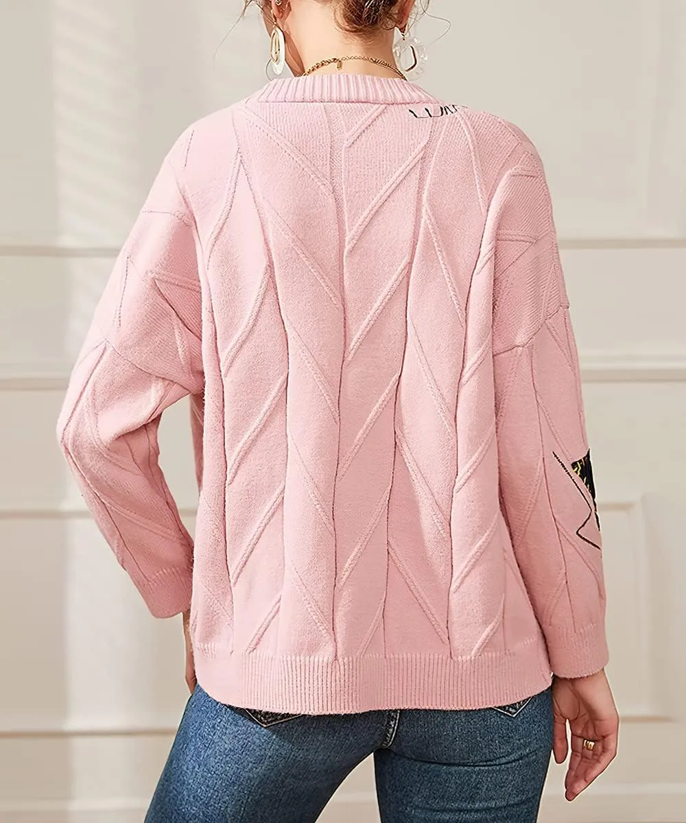 sysinside Women's Cable Knit Button Front Cardigan Cute Embroidered Pocketed Sweater Outwear