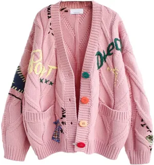 sysinside Women's Cable Knit Button Front Cardigan Cute Embroidered Pocketed Sweater Outwear
