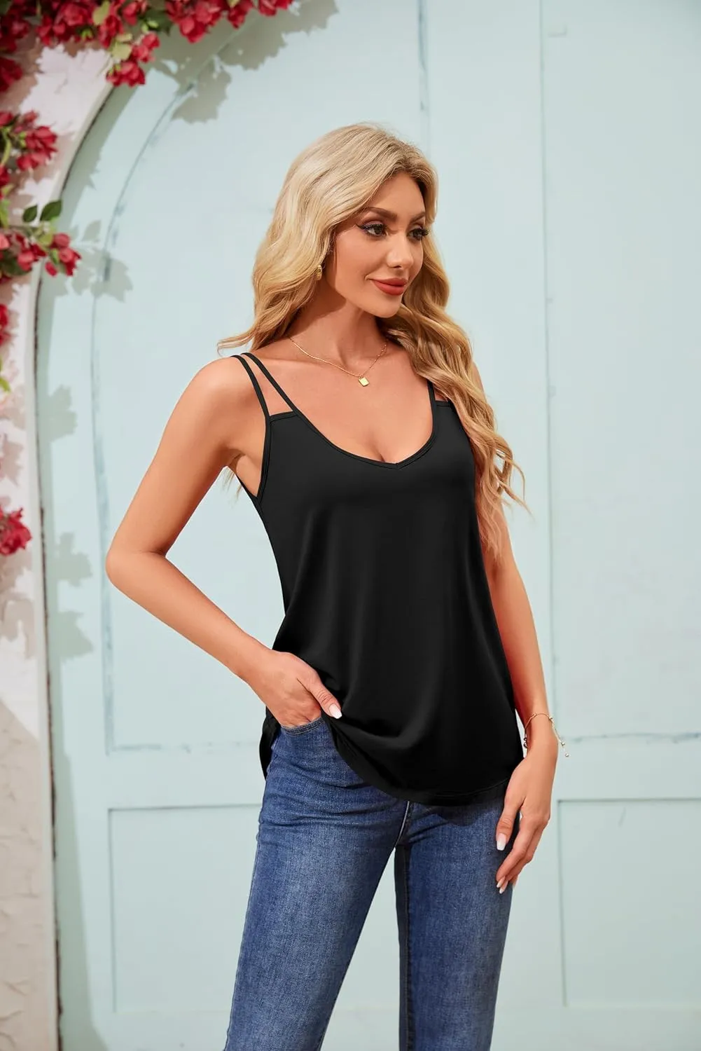 TAIPOVE Pima Cotton Spaghetti Strap Tank Tops for Women V Neck Camisole Tops Cute Trendy Sleeveless Flowy Tunics 2 Packs