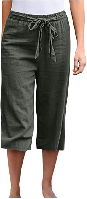 TANGNADE Capri Pants for Women Plus Size Dressy Casual Summer Cotton Linen Crop Pants Elastic Waist Vacation Trouser