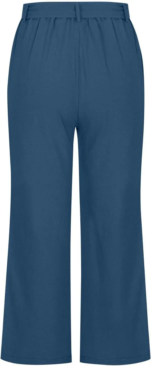 TANGNADE Capri Pants for Women Plus Size Dressy Casual Summer Cotton Linen Crop Pants Elastic Waist Vacation Trouser
