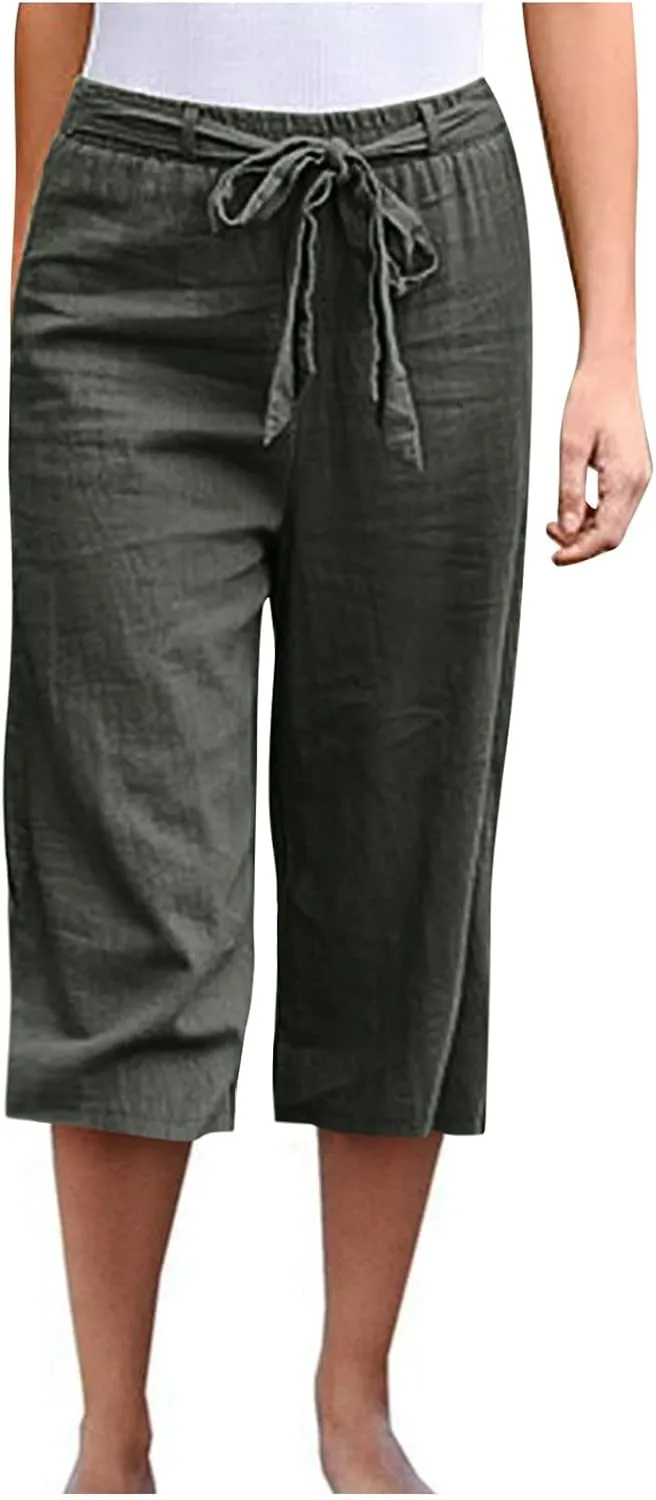 TANGNADE Capri Pants for Women Plus Size Dressy Casual Summer Cotton Linen Crop Pants Elastic Waist Vacation Trouser