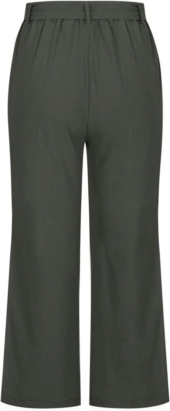 TANGNADE Capri Pants for Women Plus Size Dressy Casual Summer Cotton Linen Crop Pants Elastic Waist Vacation Trouser