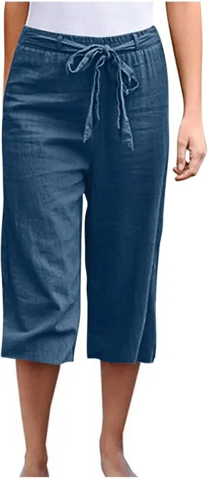 TANGNADE Capri Pants for Women Plus Size Dressy Casual Summer Cotton Linen Crop Pants Elastic Waist Vacation Trouser