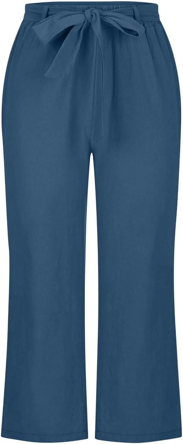 TANGNADE Capri Pants for Women Plus Size Dressy Casual Summer Cotton Linen Crop Pants Elastic Waist Vacation Trouser