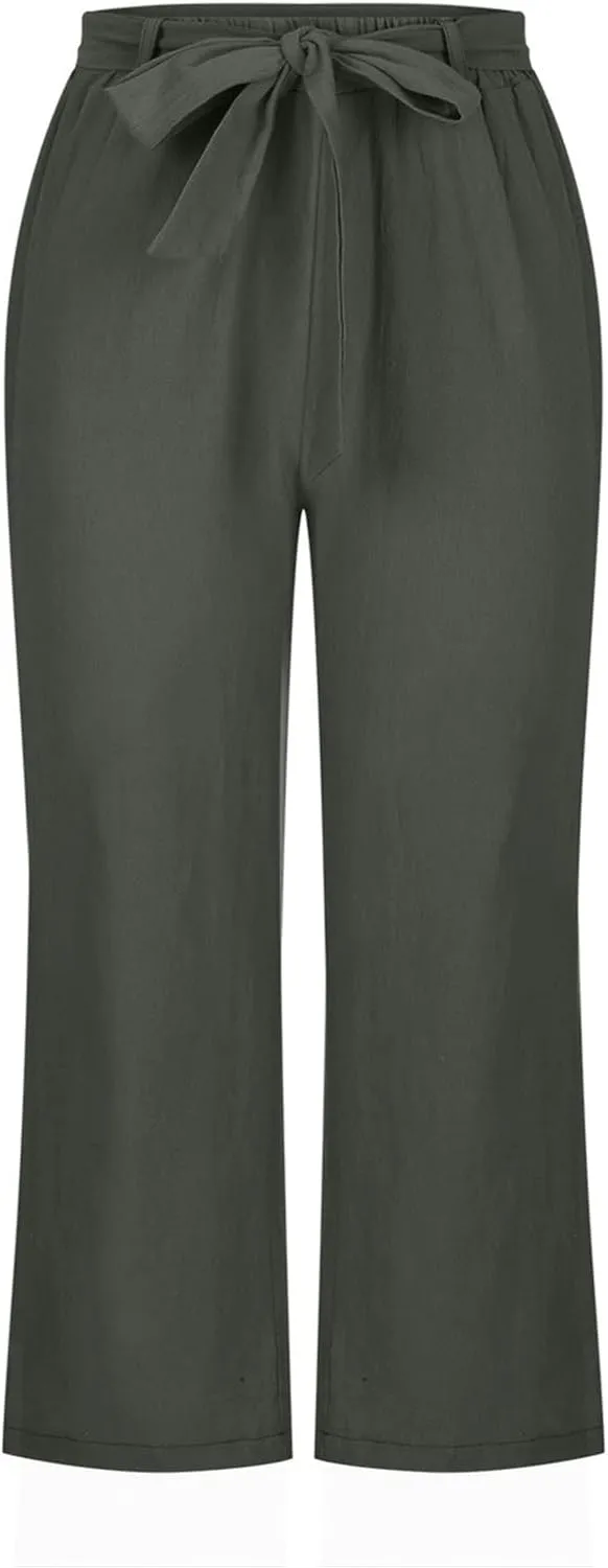 TANGNADE Capri Pants for Women Plus Size Dressy Casual Summer Cotton Linen Crop Pants Elastic Waist Vacation Trouser